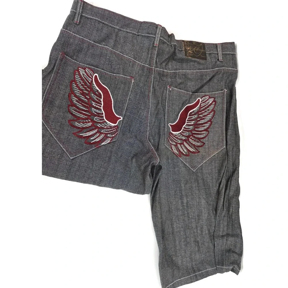 Corked Jeans Shorts Mens 40 Black Denim Embroidered Wing Pockets 100% Cotton